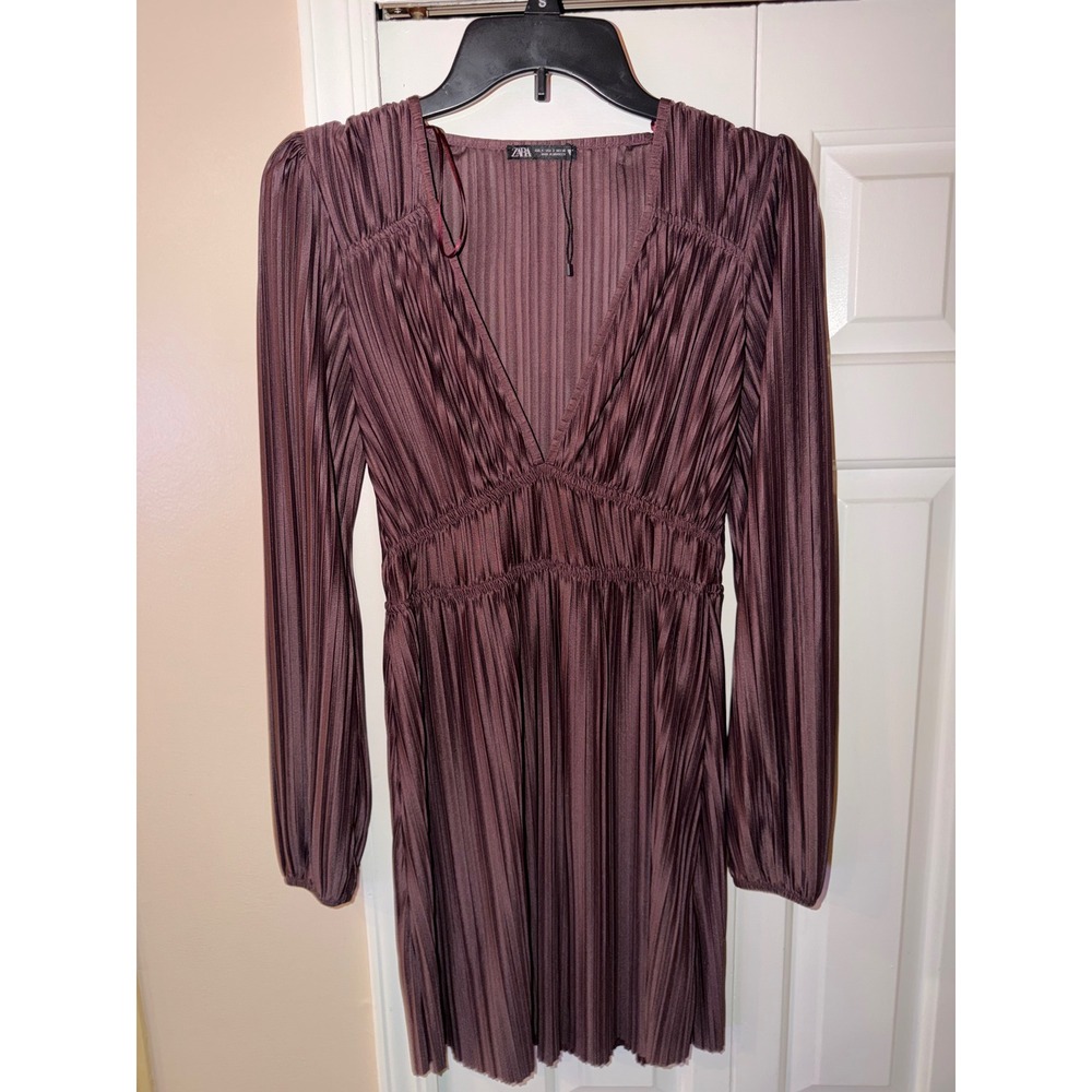 Zara Plum Pleated V-Neck Mini Dress